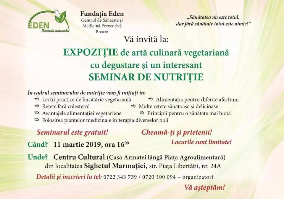Expoziție de artă culinară vegetariană cu degustare și seminar de nutriție în Sighetu Marmației