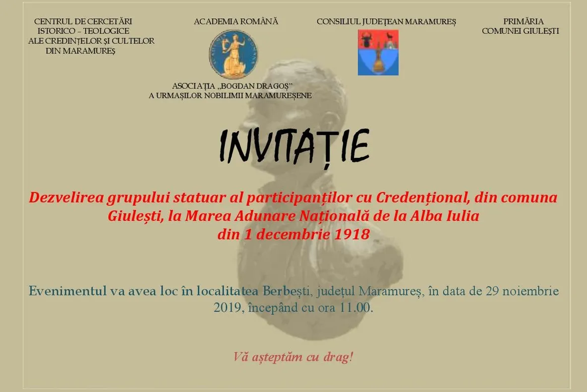 EVENIMENT: Dezvelirea grupului statuar al celor patru delegați cu Credențional de pe raza comunei Giulești participanți la Marea Adunare Națională de la Alba Iulia