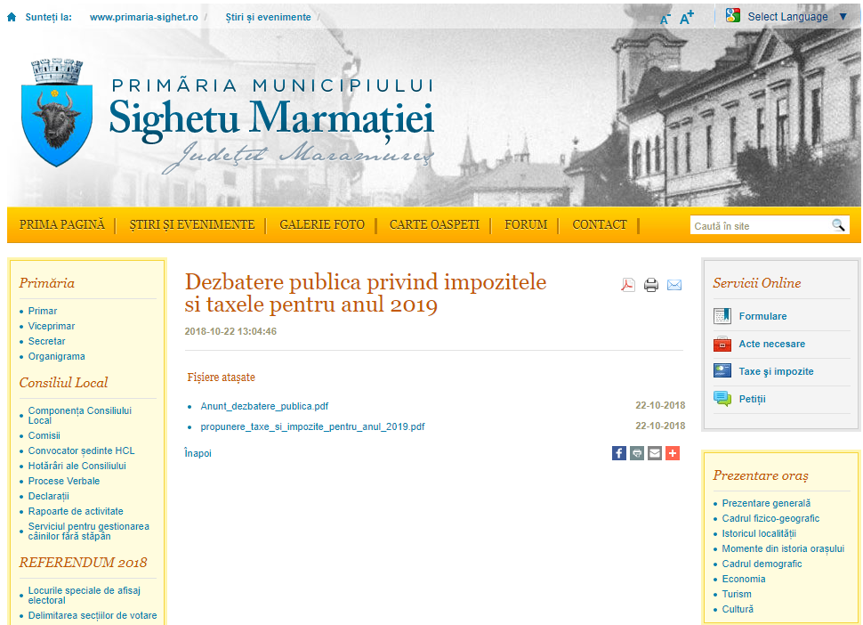 Proiectul privind impozitele pe 2019 în Sighetu Marmației, în dezbatere publică
