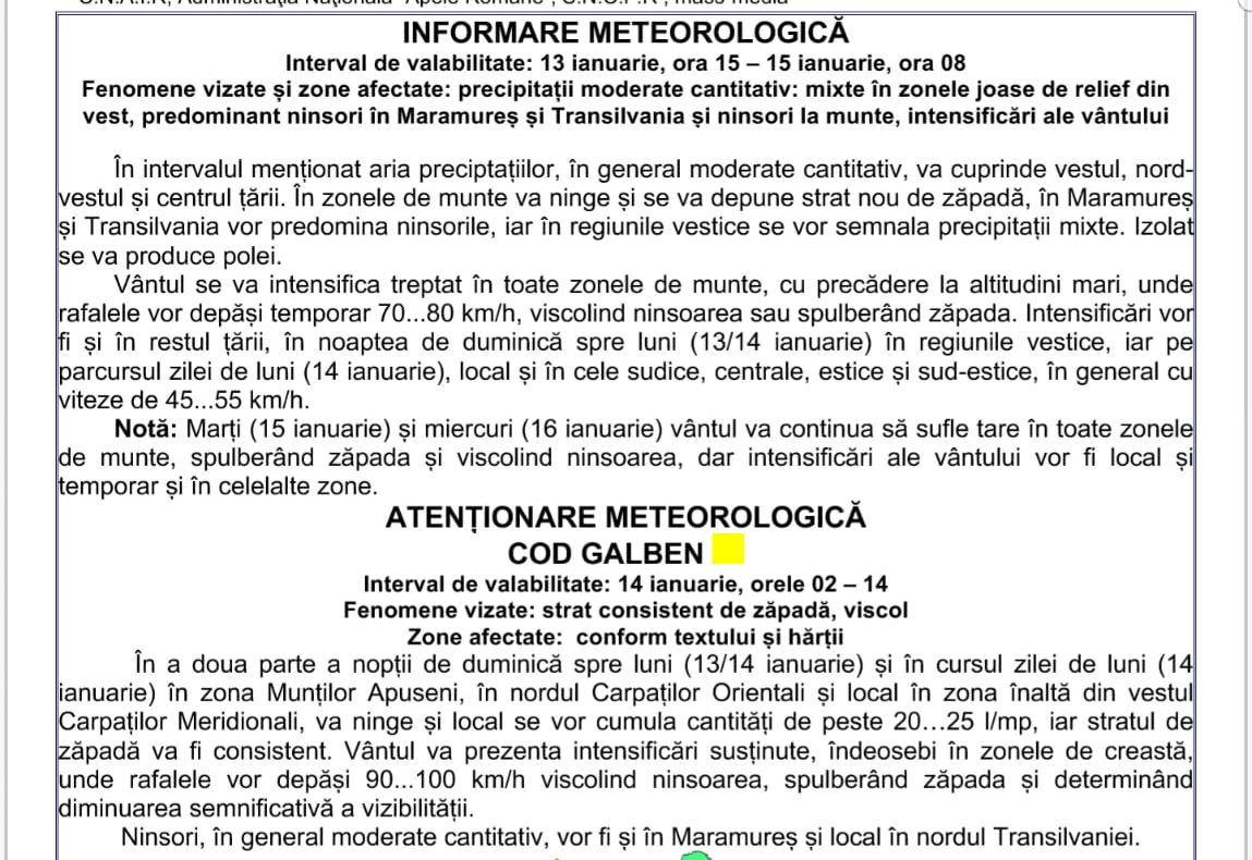 Informare meteorologică: Ninsori în Maramureș