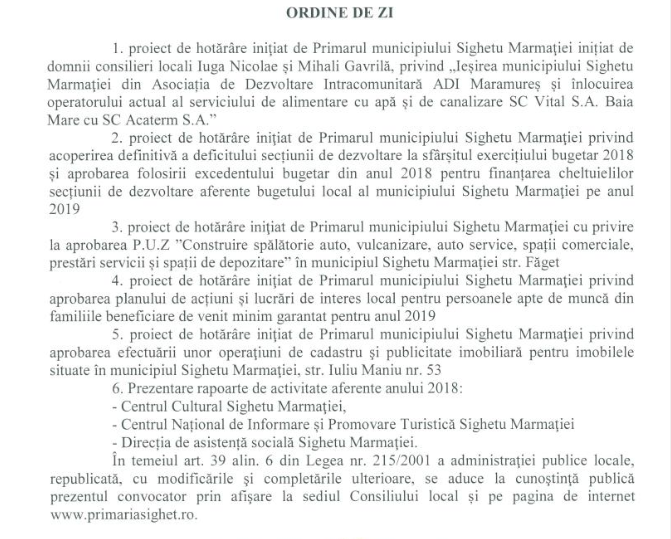 Ce proiecte sunt pe ordinea de zi a ședinței de joi a Consiliului Local Sighet