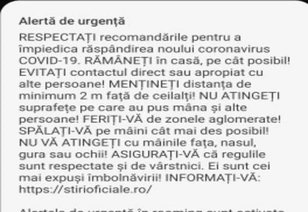 CORONAVIRUS: Ro-Alert a emis mesaje de tip „Alertă EXTREMĂ”