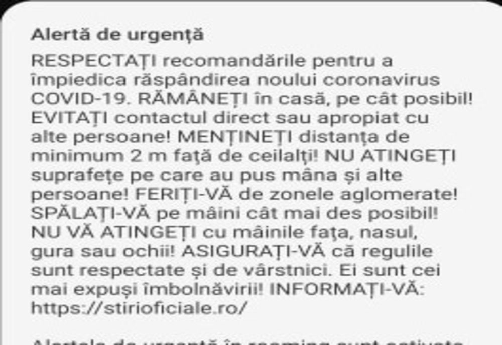 CORONAVIRUS: Ro-Alert a emis mesaje de tip „Alertă EXTREMĂ”
