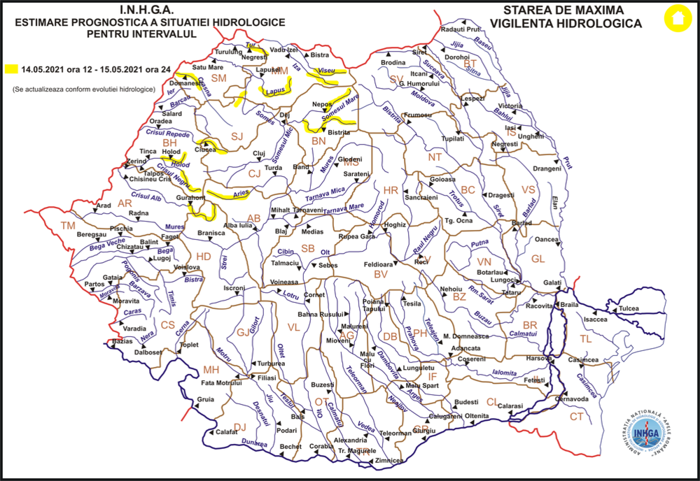 COD GALBEN de inundații pe cursurile de apă din Bistrița-Năsăud, Bihor, Cluj, Maramureș, Hunedoara, Arad, Alba, Sălaj și Satu Mare