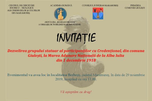 EVENIMENT: Dezvelirea grupului statuar al celor patru delegați cu Credențional de pe raza comunei Giulești participanți la Marea Adunare Națională de la Alba Iulia
