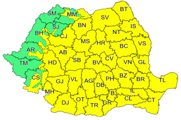 Cod galben de ploi și vijelii în aproape toată țara