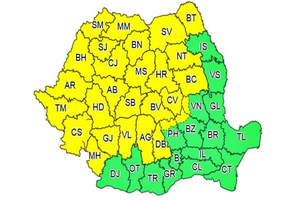 COD GALBEN de instabilitate atmosferică și vijelii, în majoritatea județelor țării