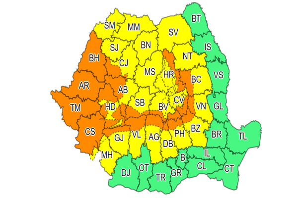 Avertizări COD GALBEN și COD PORTOCALIU de ploi torențiale și furtuni pentru cea mai mare parte din țară, până vineri