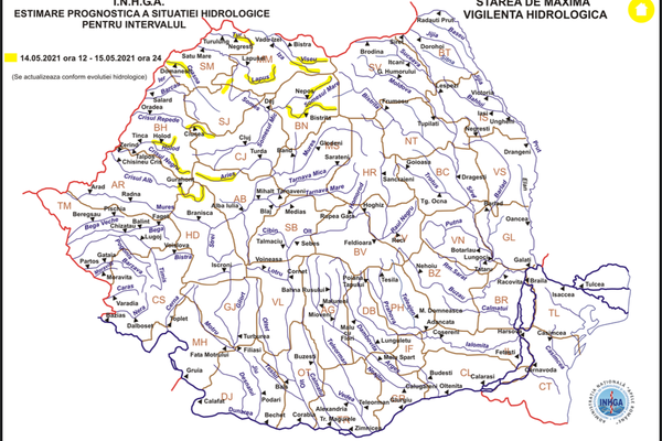 COD GALBEN de inundații pe cursurile de apă din Bistrița-Năsăud, Bihor, Cluj, Maramureș, Hunedoara, Arad, Alba, Sălaj și Satu Mare