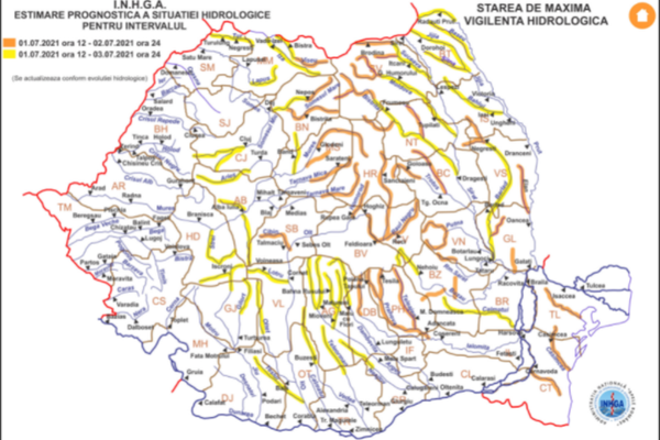 Hidrologii au emis noi avertizări COD GALBEN și COD PORTOCALIU de inundații pe mai multe râuri din țară, valabile până săptămâna viitoare