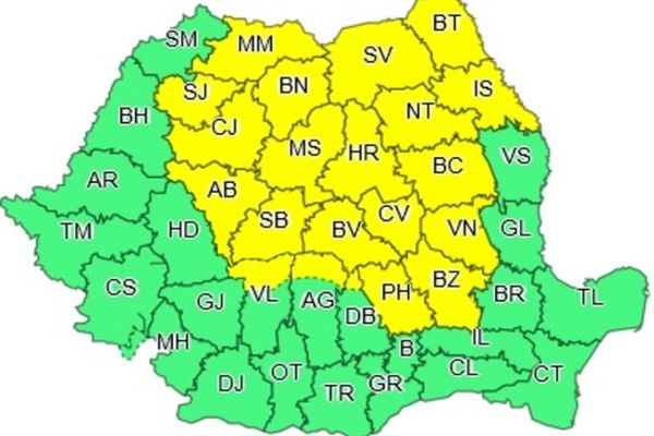 Atenționare COD GALBEN de instabilitate atmosferică în mai multe județe 